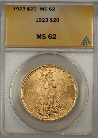 1923 $20 Dollar St. Gaudens Double Eagle Gold Coin ANACS MS-62 BP Cover
