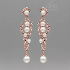ROSE GOLD Plated Clear Crystal Pearl Wedding Chandelier Drop Dangle Earrings 089 - Picture 1 of 4