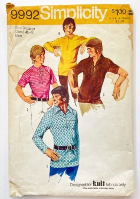 Simplicity 9992 Vintage Men's Shirts for Knits XL Chest 46-48 Cut Complete 1970s - Image 1 of 3