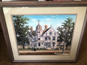 Victorian House Cats & Lady Matted Art Print SIGNED Souders 1986 Pink& Blue - Picture 1 of 6