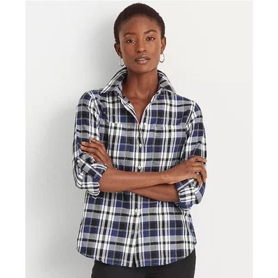 Nuevo Ralph Lauren Mujer Calce Recto Algodón Sarga Cuadros Camisa Azul Blanco Talla 3X Foto 1 de 4