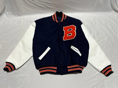 TM ATHLETICS LEATHER & WOOL SNAP FRONT "B" VARSITY LETTERMAN'S COAT Size L Large - Image 1 of 4