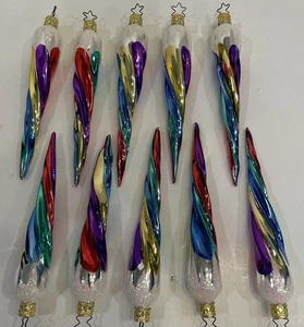 VTG Inge Glas Star Capped Multi-Colored Icicle Set of 10 Ornaments Retired EUC - Picture 1 of 12