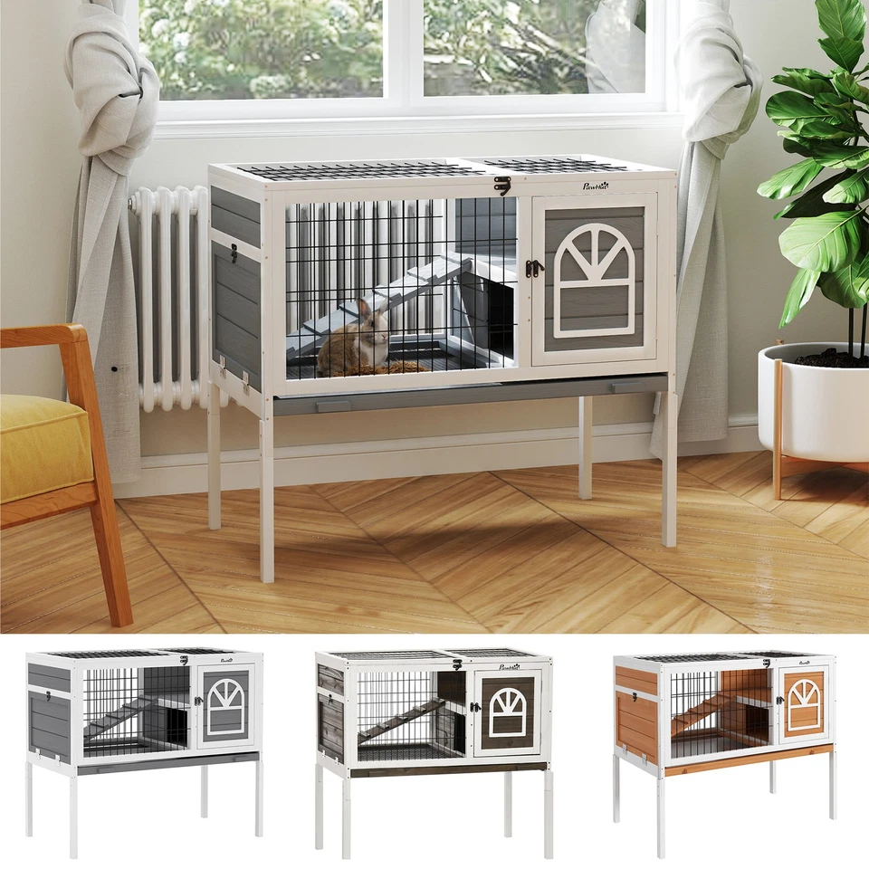 Conejera de madera PawHut, casa de animales pequeños con bandeja extraíble, techo que se puede abrir Foto 1 de 1
