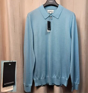 M&S AUTOGRAPH Pure MERINO 1/4 Zip Neck JUMPER ~ Size L / LONG Length ~ DUCK EGG