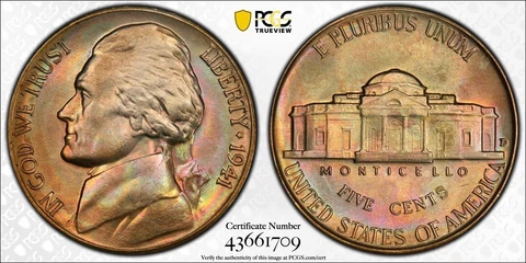 1941-D Jefferson Nickel PCGS MS67FS Full Steps Rainbow Toned Both Sides Cover