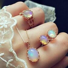 Women Moonstone Ring+Earrings+Necklace Steel Gifts Set Jewelry