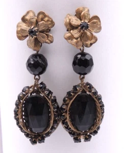 MIRIAM HASKELL Signed Dangle Earrings Black Brass Tone Filigree Flower Teardrop - Picture 1 of 14