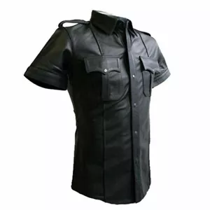 Men's Black Real Sheep Leather Police Military Style Shirt Bluf Snaps Buttons - Picture 1 of 5