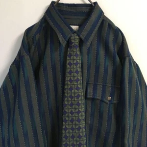 Vintage Wool Blend Stripe Shirt with Silk Geometric Tie Set Men’s M Japan - Picture 1 of 14