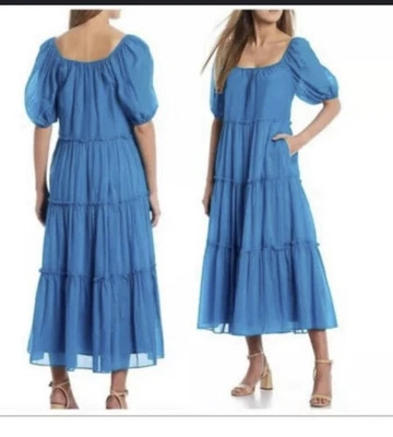 Antonio Melani Blue Woman’s Tiered Sun Dress, Puffy Sleeves Size L Silk Blend - Image 1 of 4