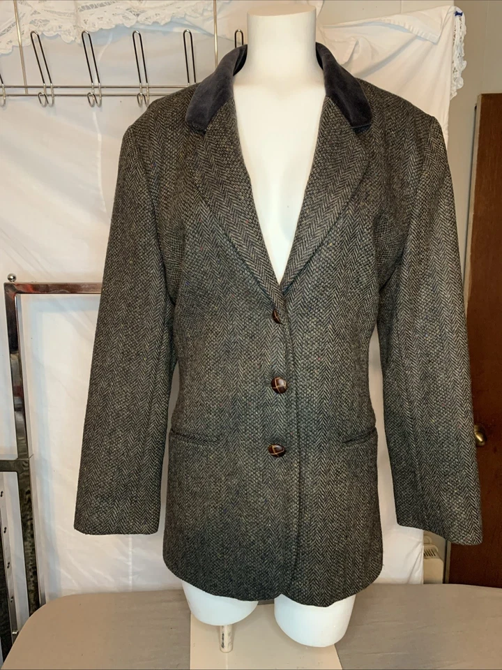 Blazer International Scene marrón espiga 100 % lana con cuello de gamuza 3 botones 12 Foto 1 de 4