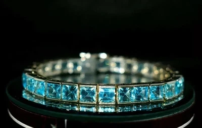 Женский теннисный браслет Princess 7 карат с голубым топазом 14 карат белое золото поверх - Изображение 1 из 4