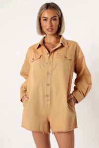 New NWT PETAL & PUP Size Small Pollyanna Romper Denim Tan Long Sleeve Relaxed - Picture 1 of 7