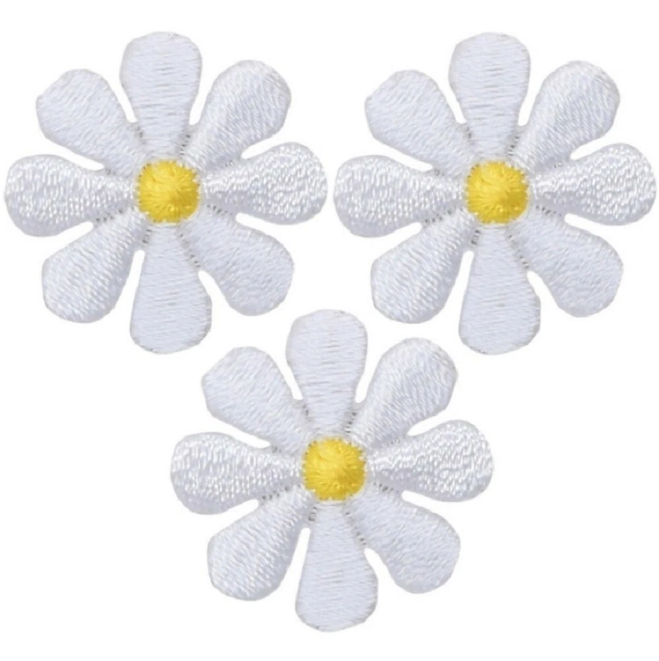 PATCH PARLOR 3-Pack Daisy Applique Patch - Mini White Flower Gardening Embroidered Badge 1"