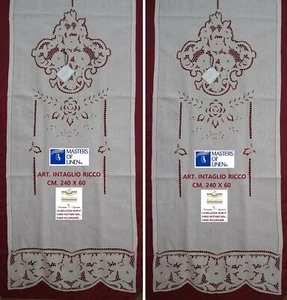 COPPIA TENDE LINO RICAMO A MANO INTAGLIO RICCO CM. 240 X 60 colore avorio - Picture 1 of 12