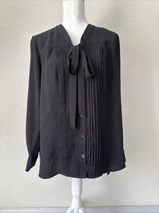 Blusa Top Anne Klein Talla XL Negra Cuello Atado Plisado Frontal Mujer Corte Elegante - Imagen 1 de 8