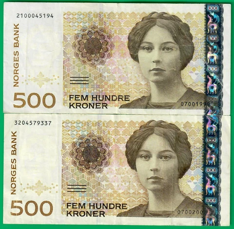 Norway 500 kroner 1999 & 2002,1st year for issue P51a & 51c in used VF condition Cover
