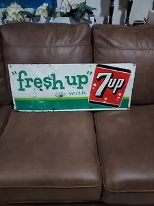 Vintage 60's Fresh Up With 7 Up Embossed Metal Original Store Advertising Sign - Picture 1 of 9