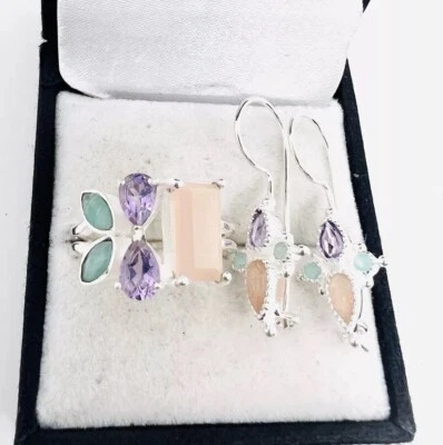 Sterling Silver Amethyst Rose Quartz Aventurine Ring & Drop Dangle Earrings Sz7 - Image 1 of 4