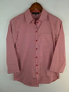 Lafayette 148 New York Blouse Women Petite Red White Check Button Stretch Shirt - Picture 1 of 10