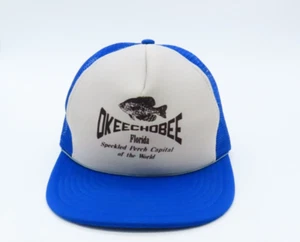 Vintage Lake Okeechobee Florida Perch Capital Trucker Mesh Blue Snapback Hat Cap - Picture 1 of 13