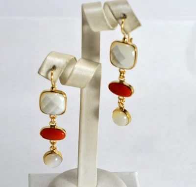 ORECCHINI  ARGENTO 925 CARRE E TONDO MADREPERLA CORALLO CERASUOLO      AGHT 0987 - Immagine 1 di 4