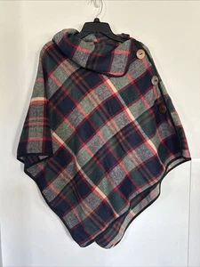Poncho Blue,Green,Red,Tan Plaid With Big Buttons And Oversized Lapels One Size - Picture 1 of 4