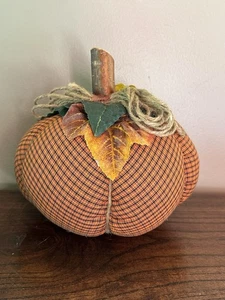 Fabric Orange and Black Plaid Pumpkin with Twine Bow - Picture 1 of 6