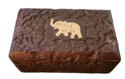Brass Elephant Inlaid on a Decorative Hand Carved Wooden Box - Image 1 of 4