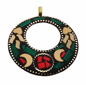 Tibetan Big Pendants Malachite & Coral Stone Gold Plated Napali Handmade Jewelry - Picture 1 of 3