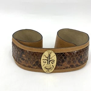 Enrico Creazioni Vintage Brown Leather Belt Snakeskin Brass Face Mask 32" - 36" - Picture 1 of 5