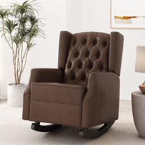 PU Leather Upholstered Rocking Chair Recliner Armchair Accent Chair Dark Brown - Picture 1 of 12