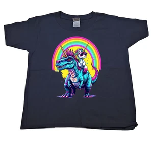 Unicorn Riding T rex Dinosaur Shirt Boys Girls 6T Black Cotton Rainbow Tee Top - Picture 1 of 2