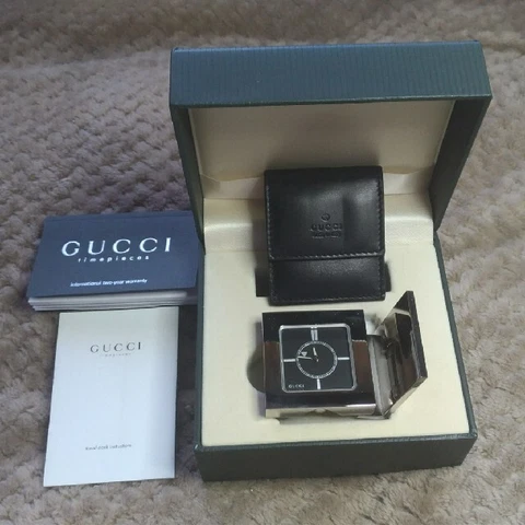 Authentic Gucci Travel Desk Clock Silver Leather Case Box Unused Cover