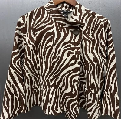 Willi Smith Linen Blazer Women XL Brown Zebra Animal Jacket Career Casual Whimsy - Image 1 of 4