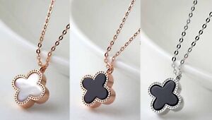 Flower 4-leaf Lucky Clover Black/White Pearl Silver/Gold Pendant Necklace