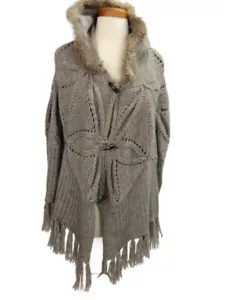 Line Hooded Poncho Brown Size M/L Rabbit Fur Trim Tassels Cable Knit Buttons - Picture 1 of 4