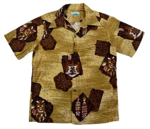 JC Penny’s Hawaii Men’s Medium Hawaiian Shirt Tikis Brown Vintage - Picture 1 of 5