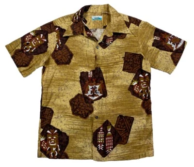 JC Penny’s Hawaii Men’s Medium Hawaiian Shirt Tikis Brown Vintage - Image 1 of 4