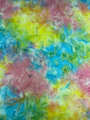 BATIK BLUE, PINK YELLOW GREEN TIE DYE TROPICAL COTTON FABRIC FQ - Image 1 of 3