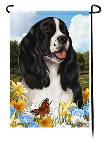 Bandera Jardín Flores Verano - Springer Spaniel Inglés Blanco y Negro - Imagen 1 de 1