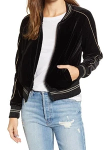 MOTHER Jacket Womens Small Black Velour Zip Up Bomber RUNNER LETTERMAN STRIPE - Picture 1 of 11