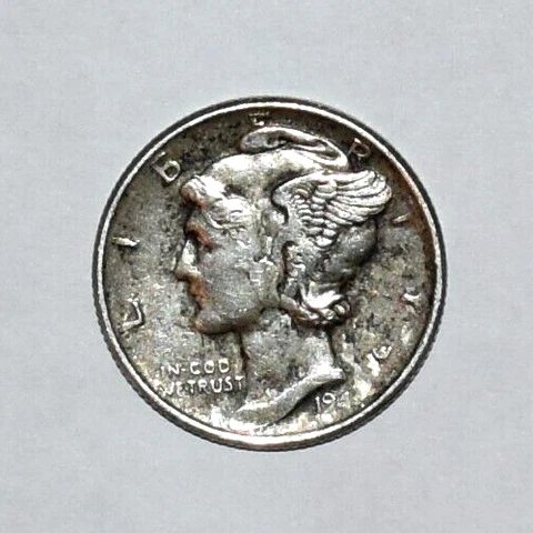 1944 MERCURY DIME 90% SILVER COIN Strike Trough DD Cud Error Rare Cover