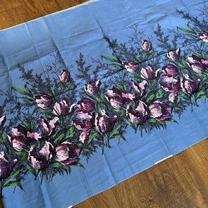 Vintage John Wolf Textilien 50er Jahre Neuheit Druck Tulpen blau Baumwollstoff - Bild 1 von 3