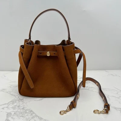 Tory Burch Romy Brown Suede Leather Bucket Bag Crossbody Top Handle Handbag - Image 1 of 4