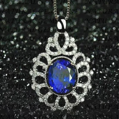 Colgante de diamantes y zafiros naturales forma ovalada de 6,00 quilates enchapado en oro blanco de 18 quilates Foto 1 de 4