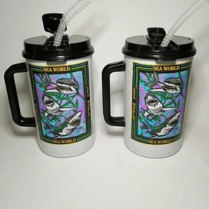 Lot of 2 Sea World Sharks Plastic Souvenir Cup Straw By Whirley - Picture 1 of 17