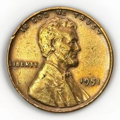 1951 Lincoln Wheat Cent Golden Tone Brilliant AU Details 3 Grams Copper Penny - Image 1 of 4