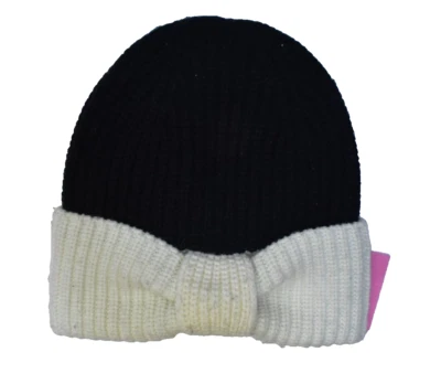 Kate Spade Ribbed Knit Bow Cuff Beanie Stocking Cap White Black Wool Blend OS - Image 1 of 4